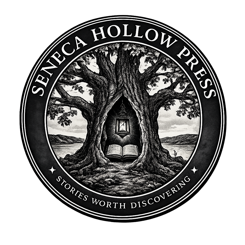 "Seneca Hollow Press circular logo depicting a hollow tree with an open book and lantern, surrounded by the words 'Seneca Hollow Press' and 'Stories Worth Discovering.'" And if you're using it purely as a branding mark where the company name appears immed